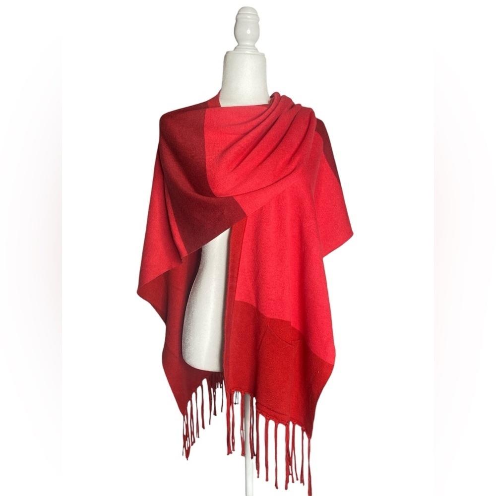 Red Poncho Cape Open Front Fringe Hem Color Block Shawl Wrap‎ Cover Up